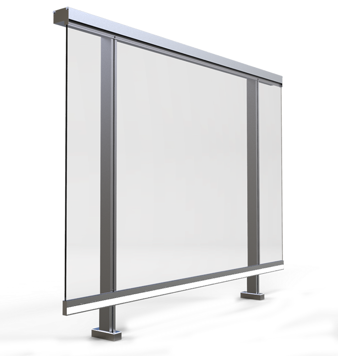 Sistema de baranda de vidrio con perfil inferior de aluminio y postes verticales